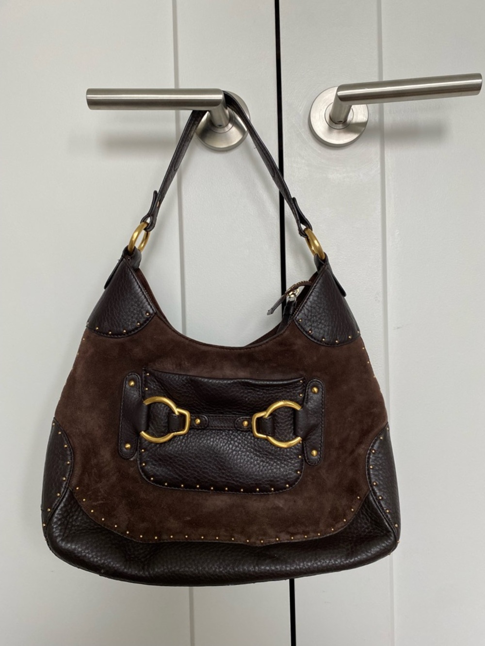 Cole Haan Brown Suede and Leather Hobo Bag with Gold Hardware